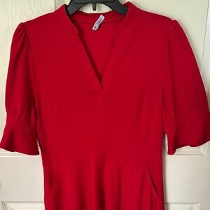 Red V-Neck Dress with Puff Sleeves and pockets!